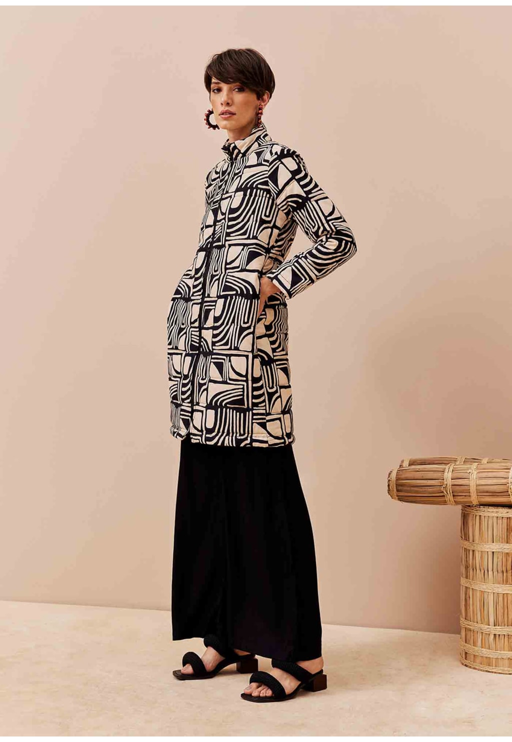 Casaco Comprido Puffer Matelasse Estampado Tierras Altas