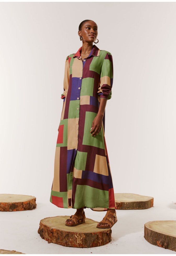 Chemise Midi Manga Longa Estampada Chapadas