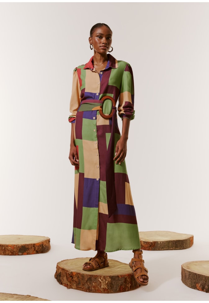 Chemise Midi Manga Longa Estampada Chapadas