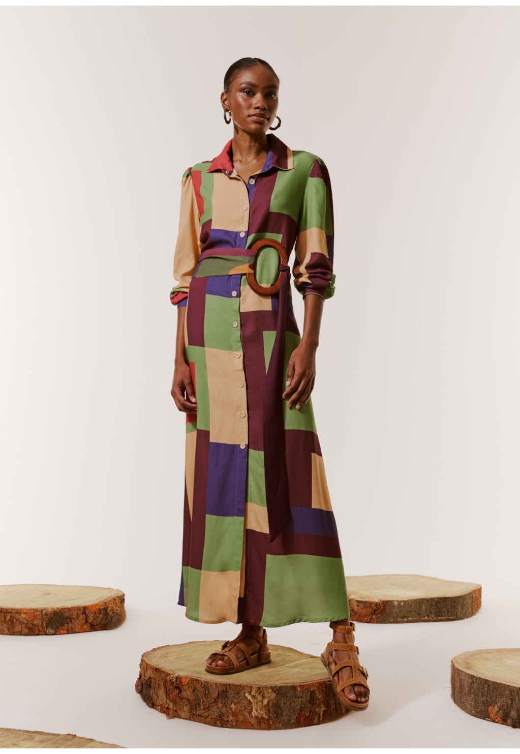 Chemise Midi Manga Longa Estampada Chapadas