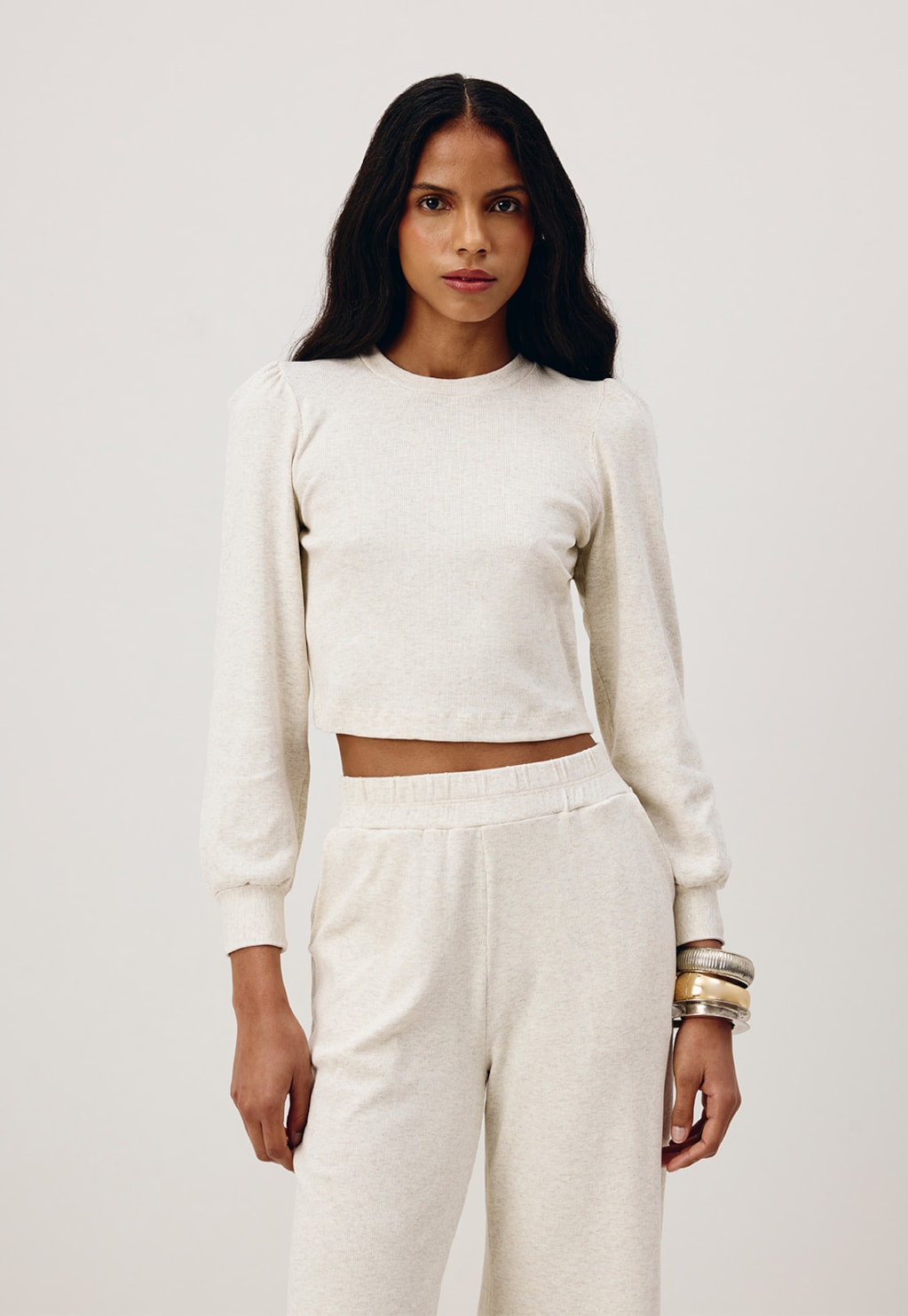 Cropped Alongada Manga Longa Franzida