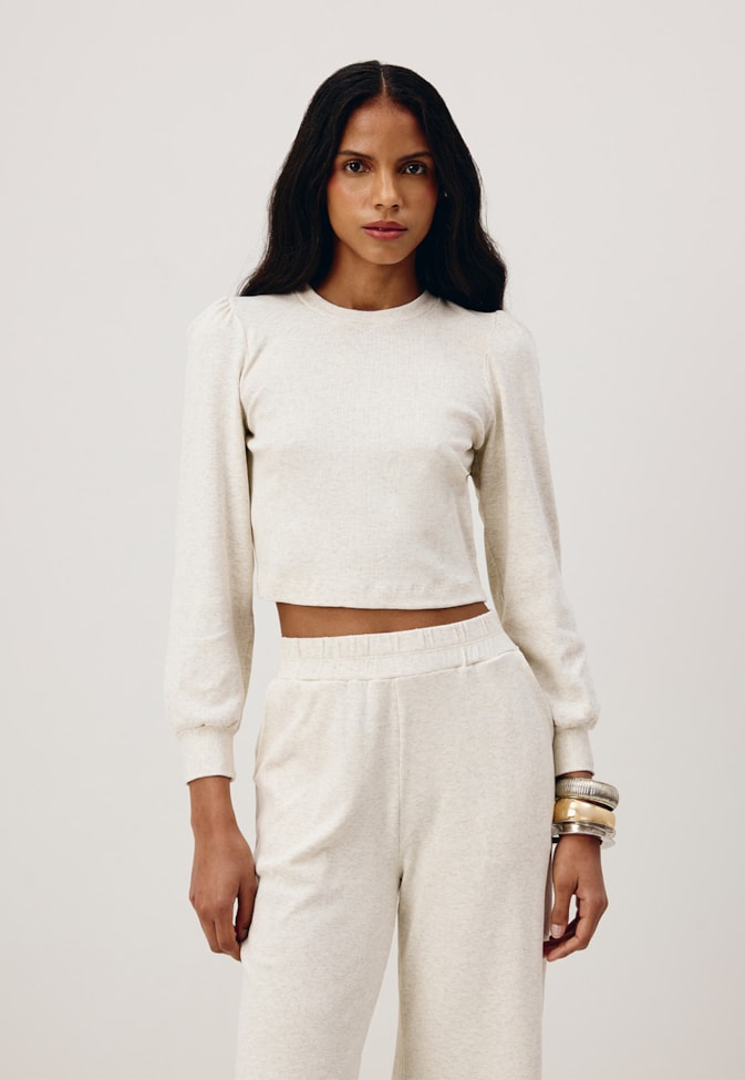 Cropped Alongada Manga Longa Franzida