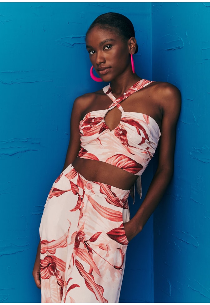 Cropped Amarração Costas Estampado Las Orquídeas