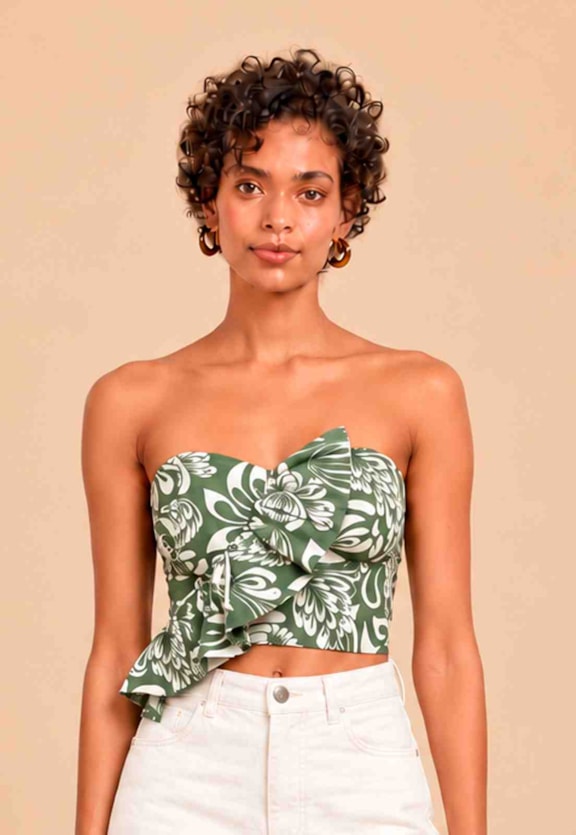 Cropped Babado Amarração Estampado Vista Frontal