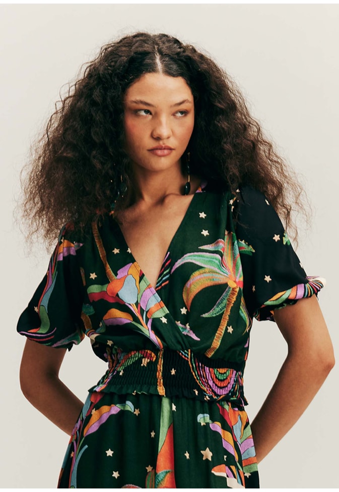 Cropped Decote Transpassado Estampado Mawê Tupi