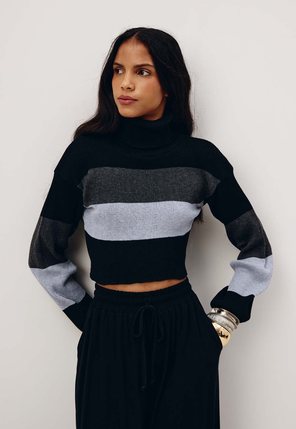 Cropped Manga Longa Listrado Tricot