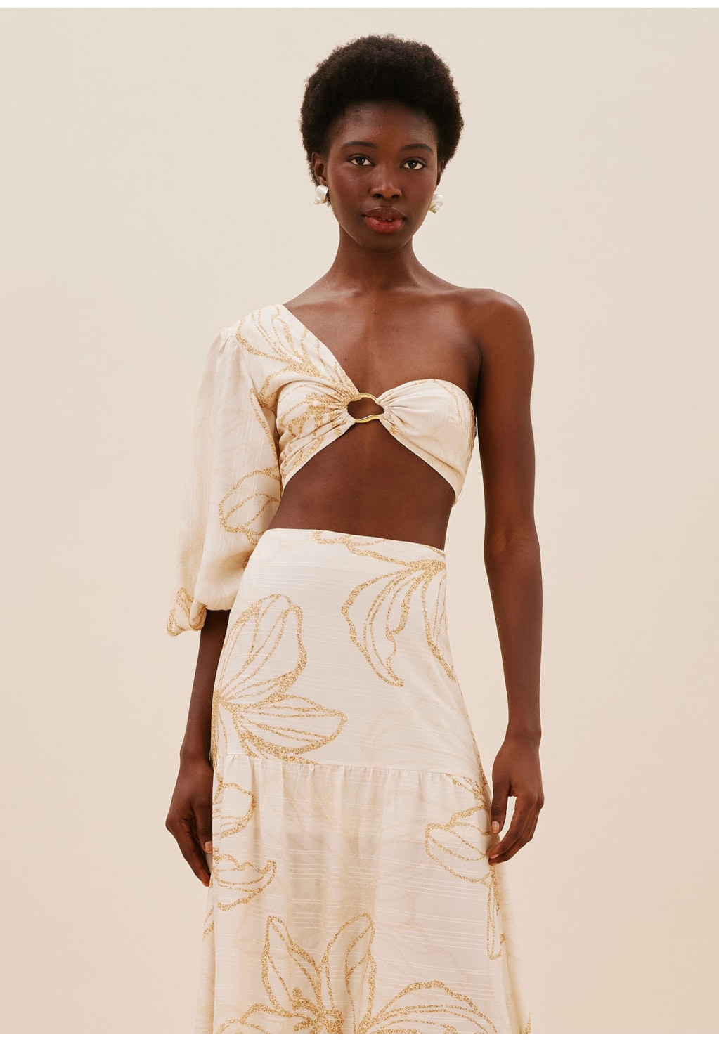 Cropped Ombro Só Argola Orgânica Estampado Flor do Sol