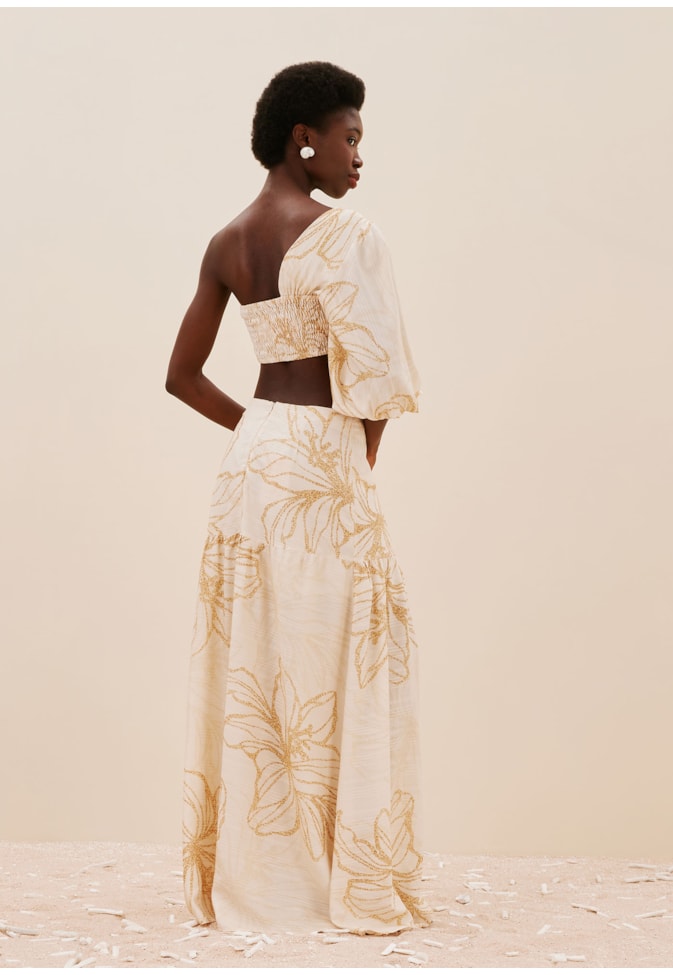 Cropped Ombro Só Argola Orgânica Estampado Flor do Sol