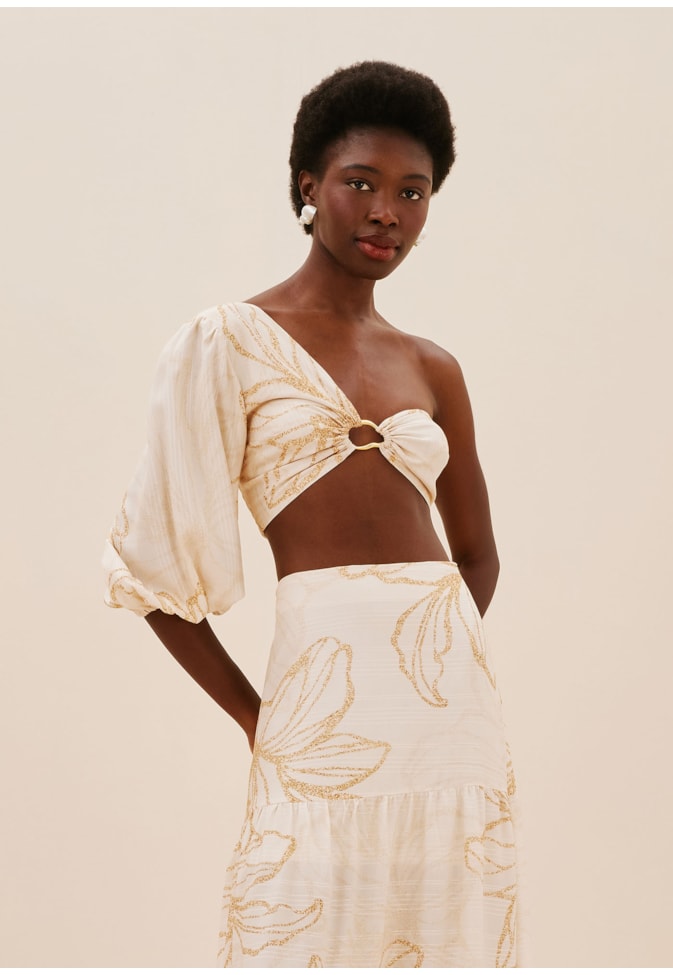 Cropped Ombro Só Argola Orgânica Estampado Flor do Sol