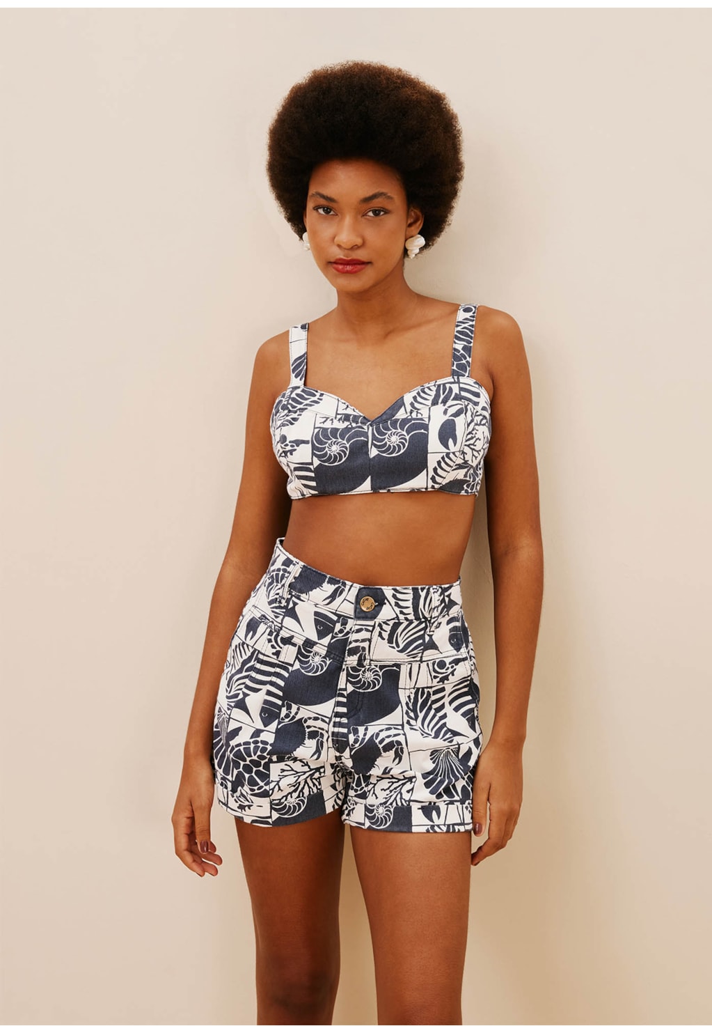 Cropped Sarja Estampado Mar