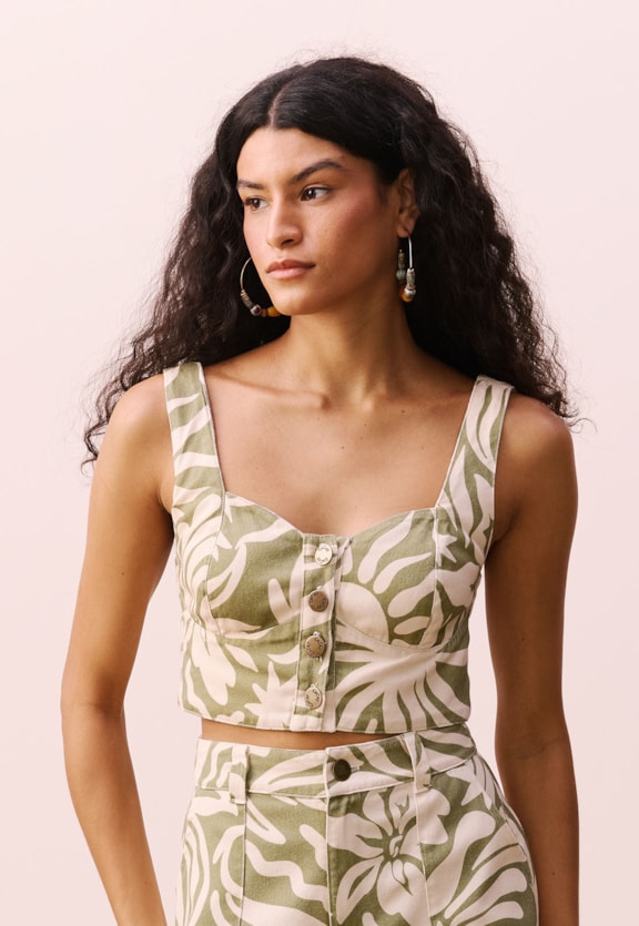 Cropped Sarja Estampado Pedra do Sol Vista Frontal