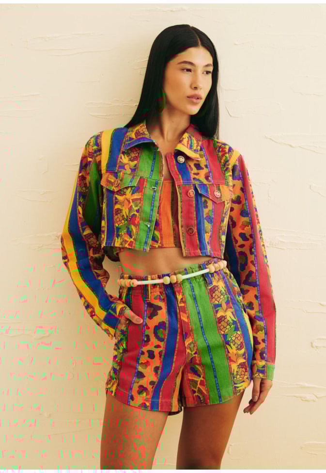 Jaqueta Cropped Bolsos Estampada Caminito