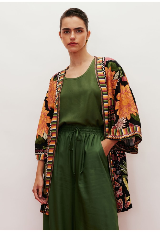 Kimono Alongado Barrado Estampado Gafieira