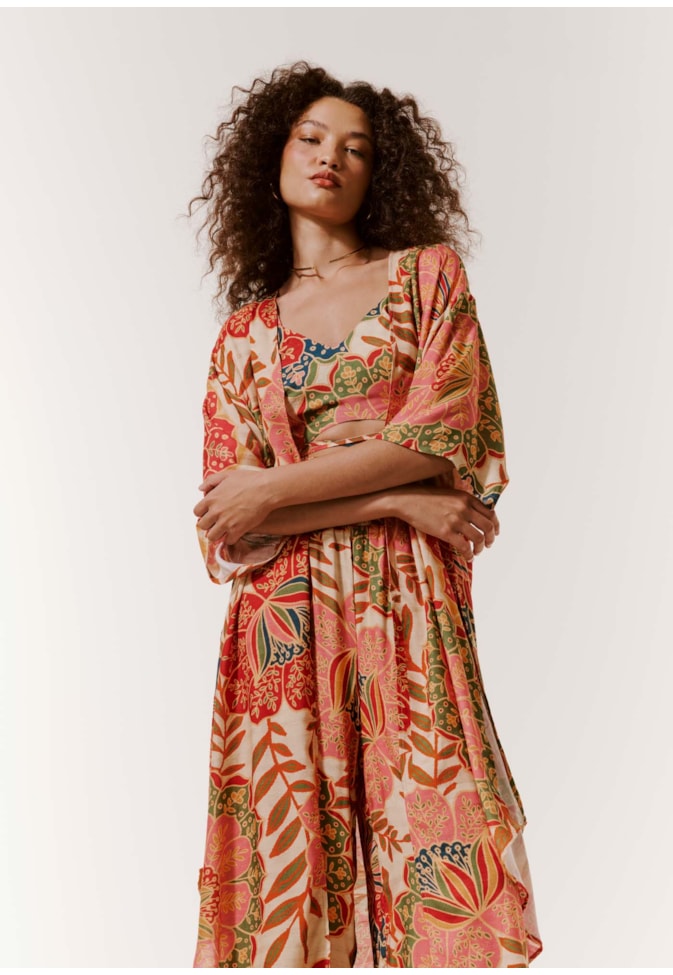 Kimono Alongado com Fendas Estampado Bohemia