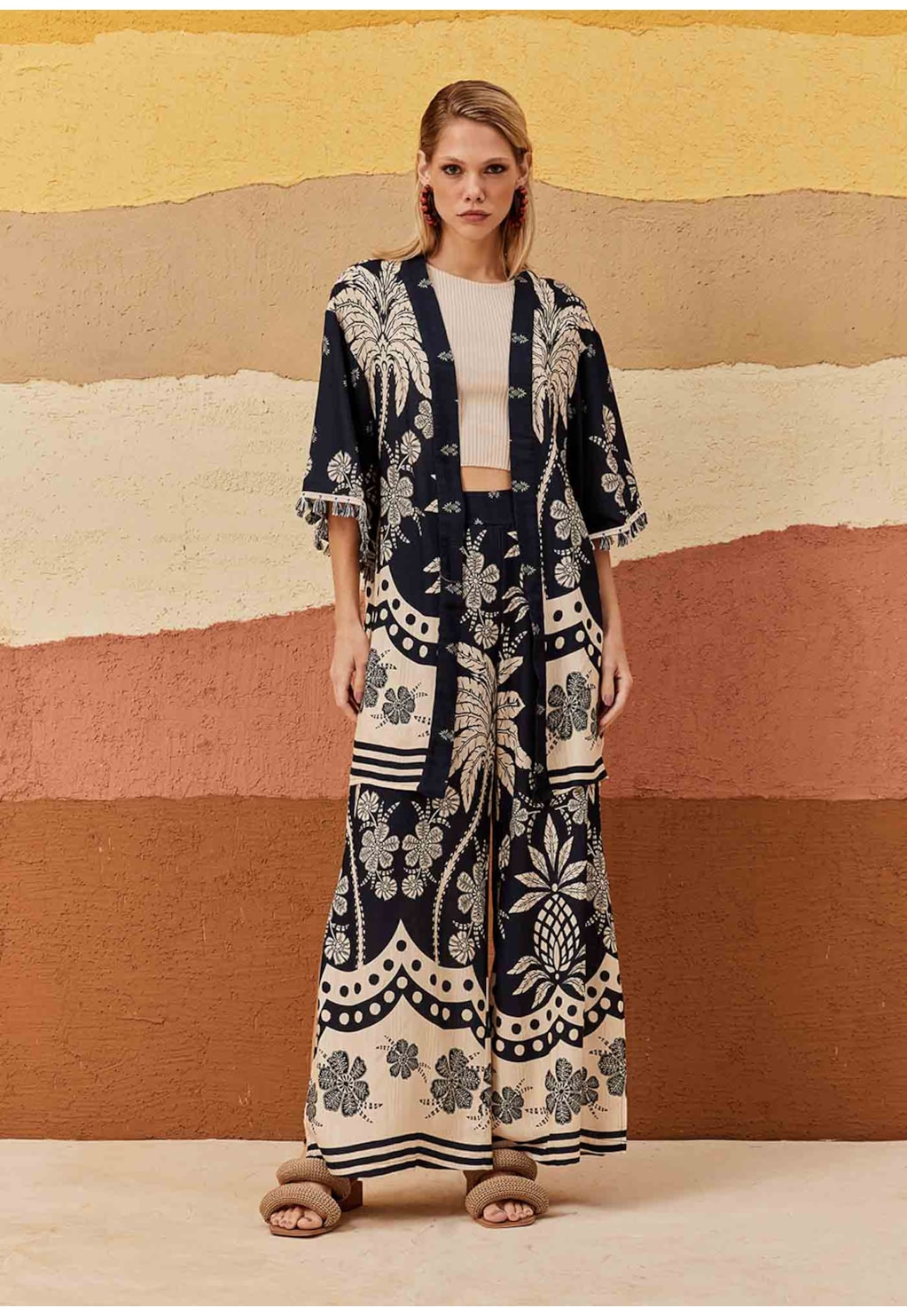 Kimono Detalhe Franja Estampado Arbol de Coco