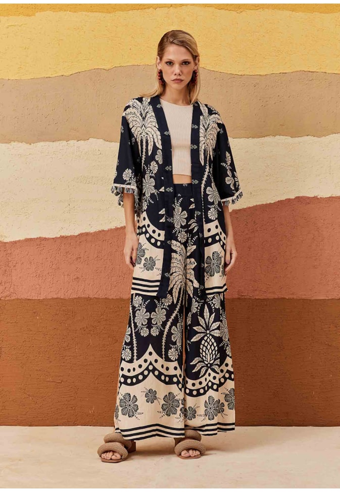 Kimono Detalhe Franja Estampado Arbol de Coco