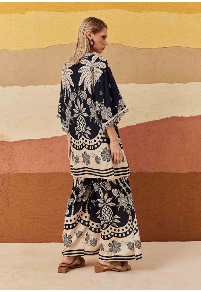 Kimono Detalhe Franja Estampado Arbol de Coco