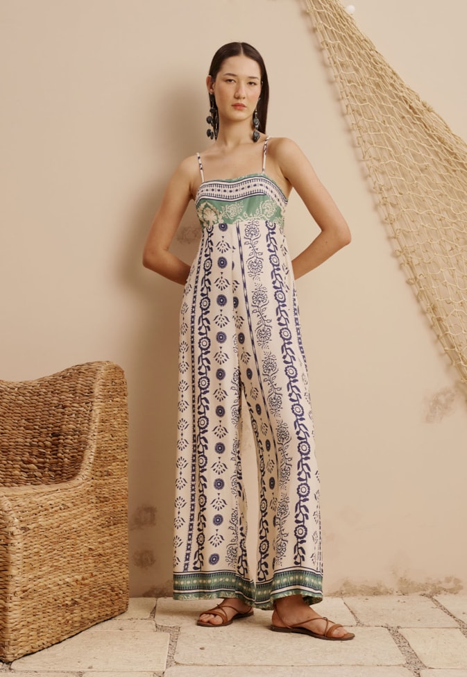 Macacão Amarração Costas Estampado Vinca