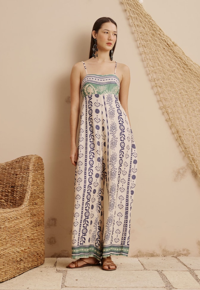 Macacão Amarração Costas Estampado Vinca