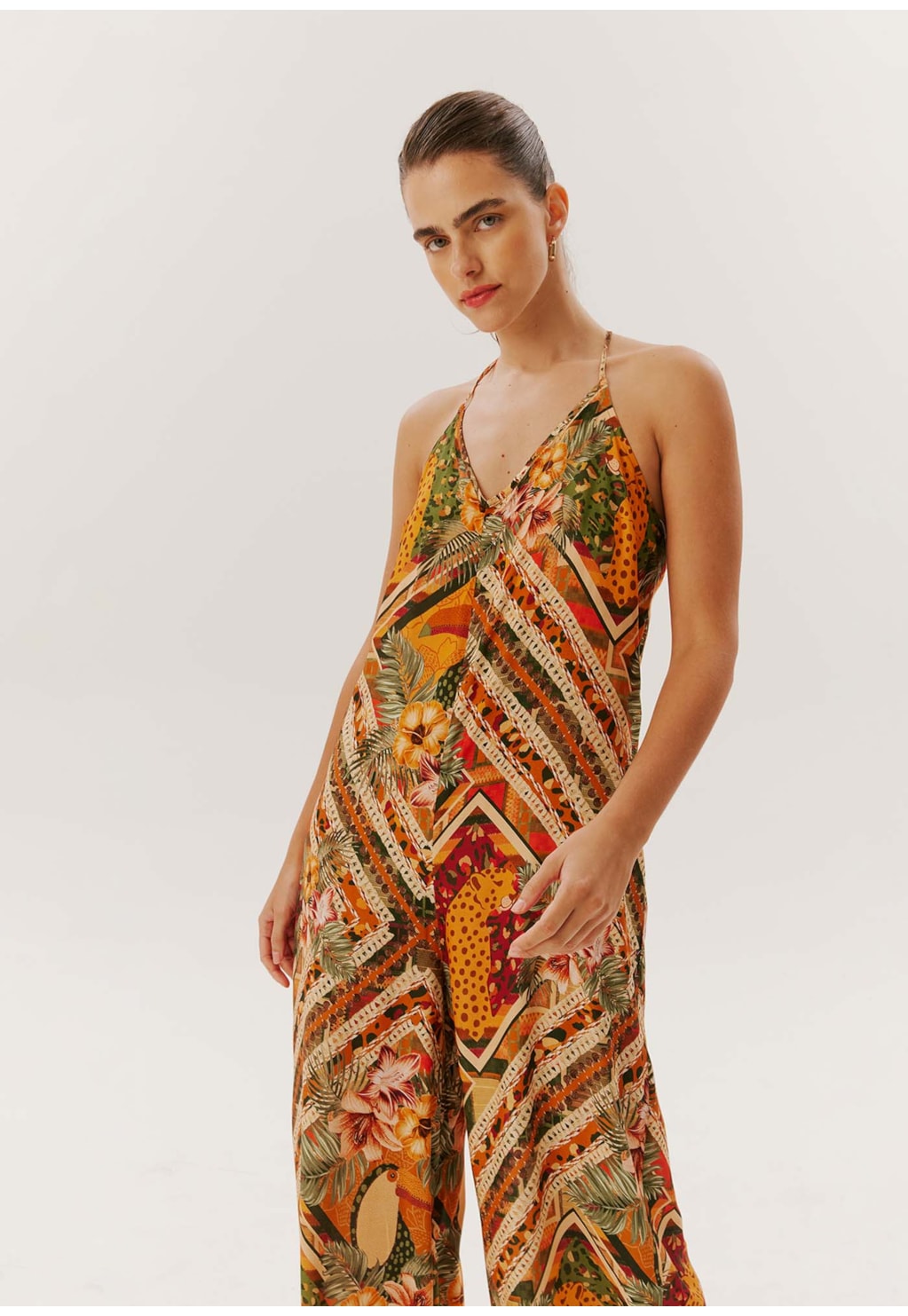 Macacão Amplo Alça Fina Estampado Panamá