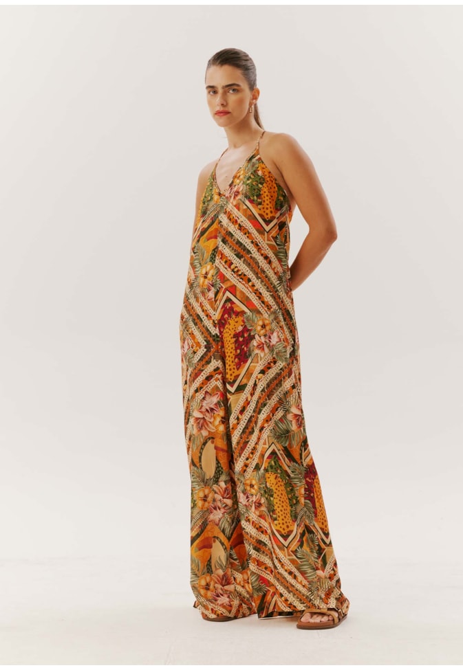 Macacão Amplo Alça Fina Estampado Panamá