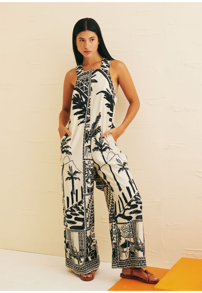 Macacão Amplo Argola Costas Estampado Rio