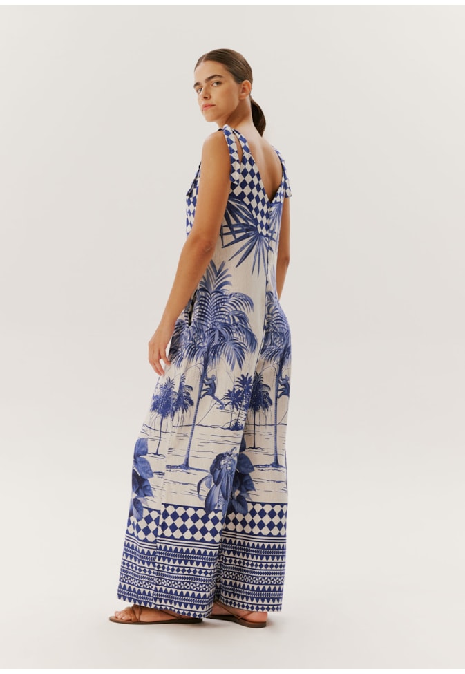 Macacão Amplo com Botões e Alça Laço Estampado Cartagena