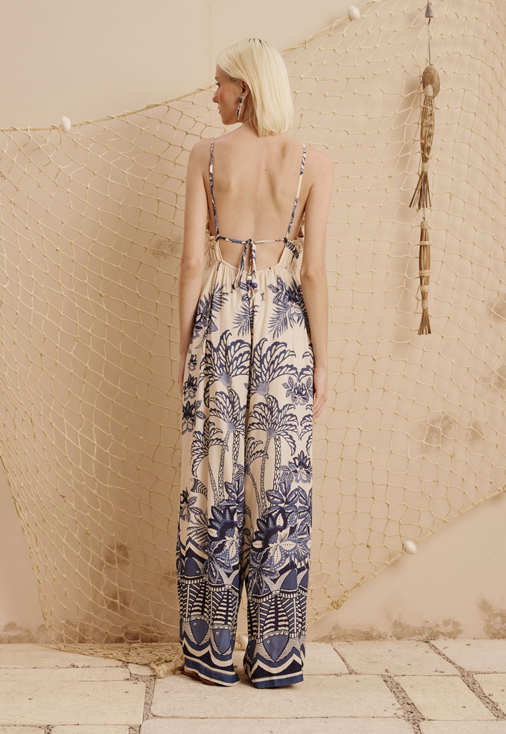 Macacão Amplo Franzido Estampado Pedra dos Peixes