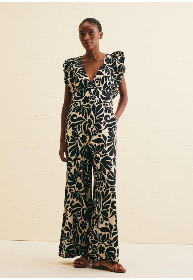 Macacão Babado Manga Estampado Cayo Coral