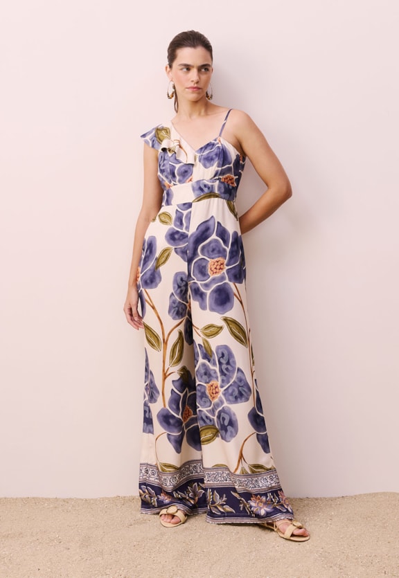 Macacão Babado Um Ombro Estampado Papoula Vista Frontal