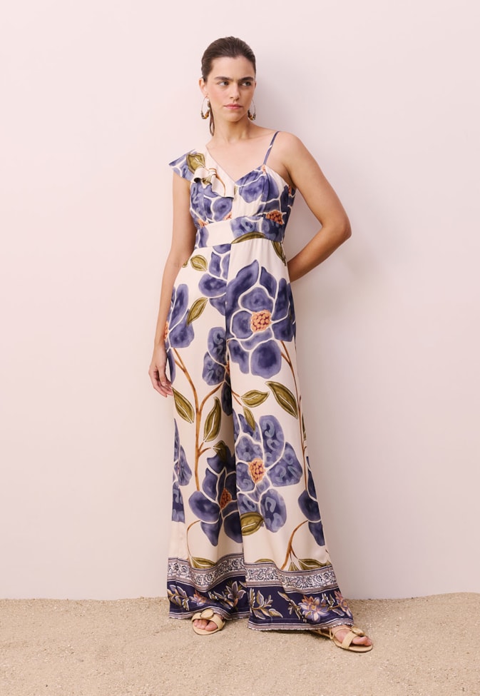 Macacão Babado Um Ombro Estampado Papoula