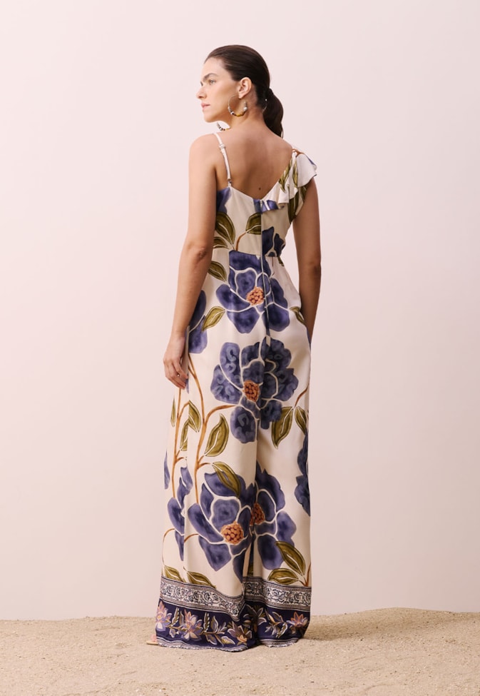 Macacão Babado Um Ombro Estampado Papoula