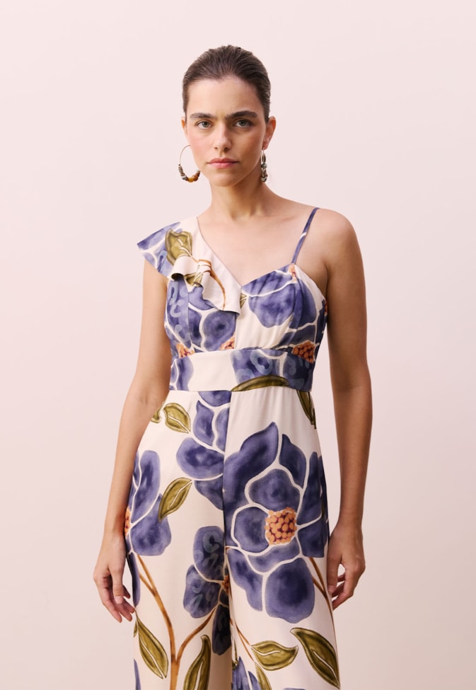 Macacão Babado Um Ombro Estampado Papoula