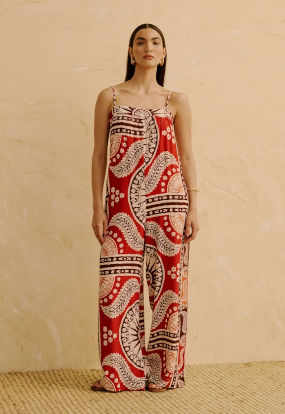 Macacão com Pala no Busto Estampado Incaica Vista Frontal