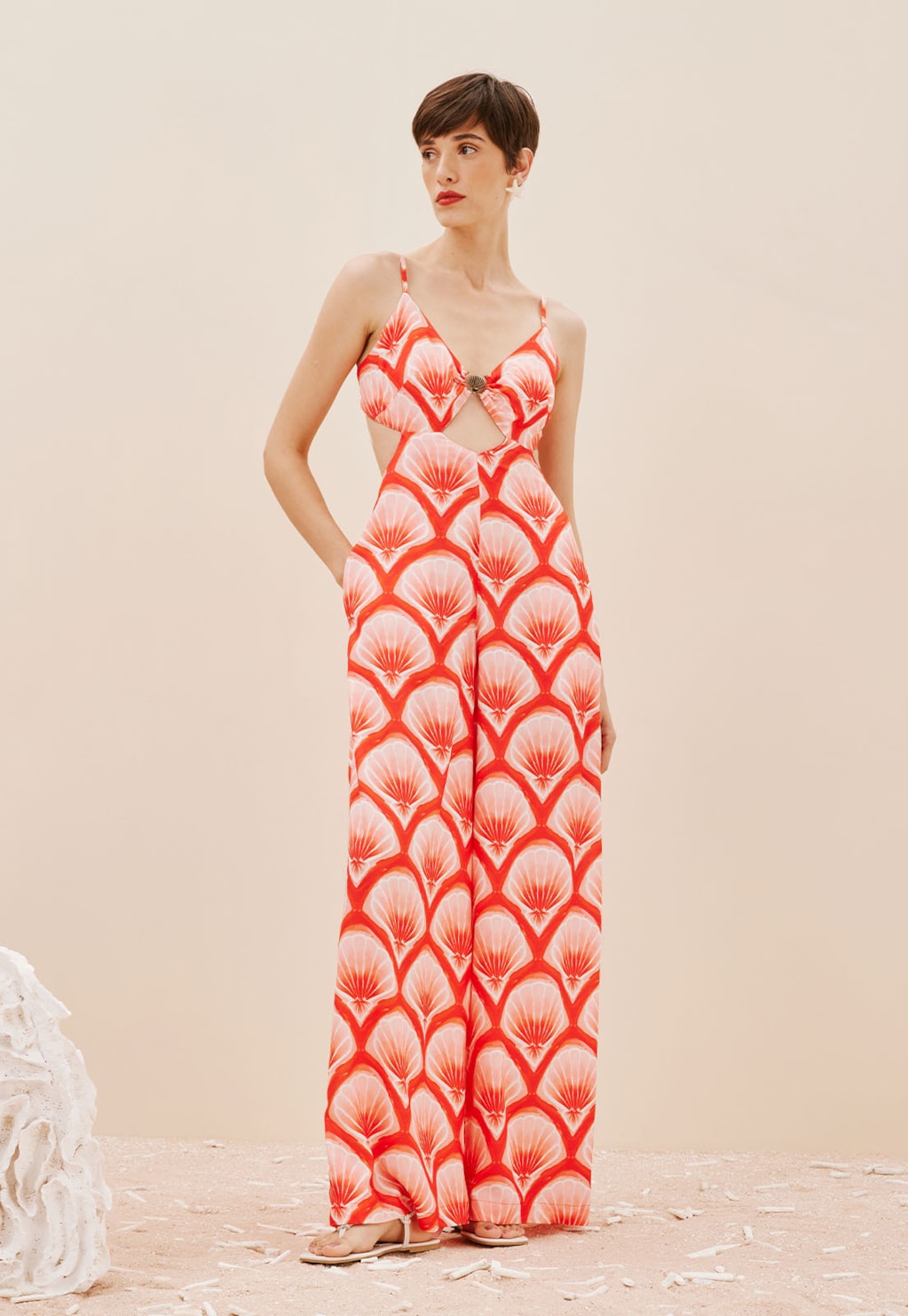 Macacão Decote Argola Concha Estampado Pink Beach