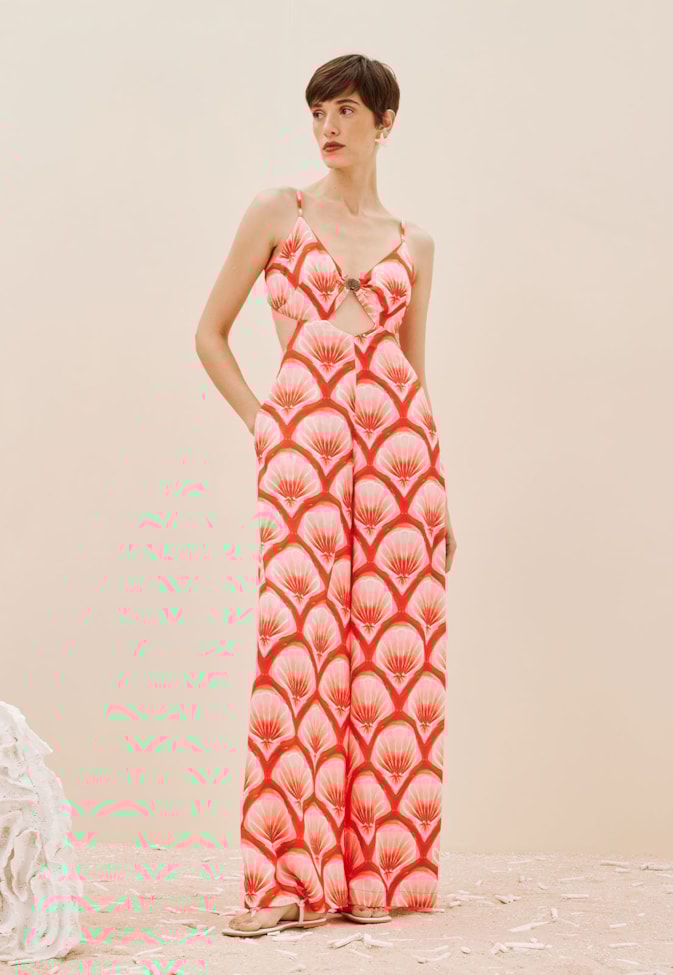 Macacão Decote Argola Concha Estampado Pink Beach