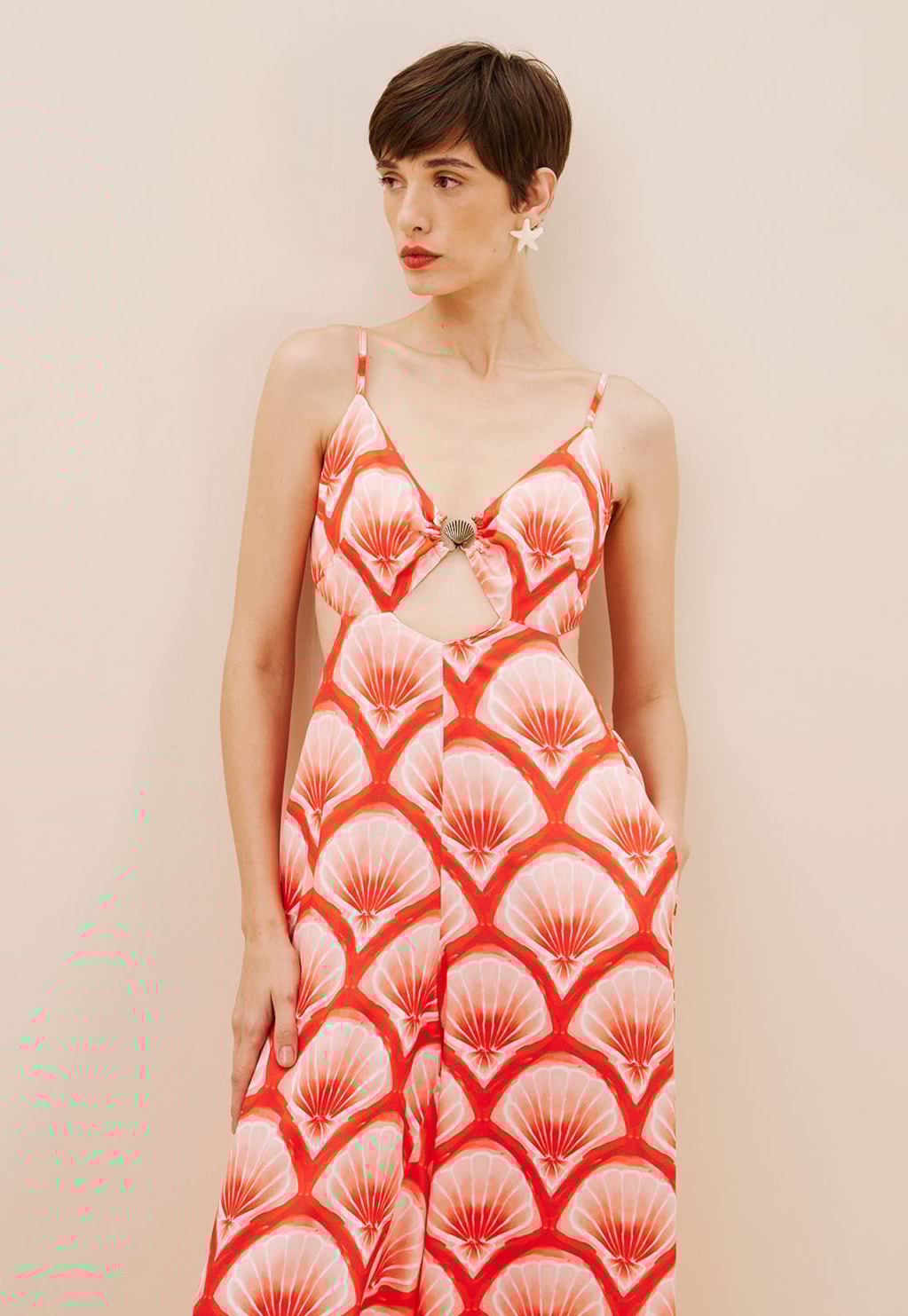 Macacão Decote Argola Concha Estampado Pink Beach