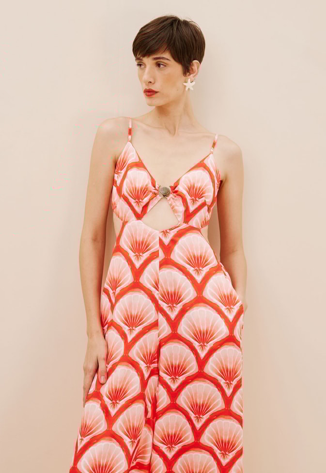 Macacão Decote Argola Concha Estampado Pink Beach