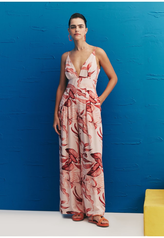 Macacão Decote Profundo Estampado Las Orquideas