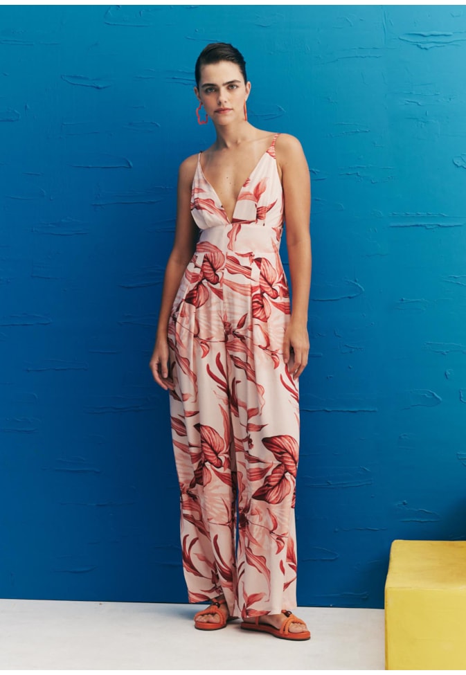 Macacão Decote Profundo Estampado Las Orquideas