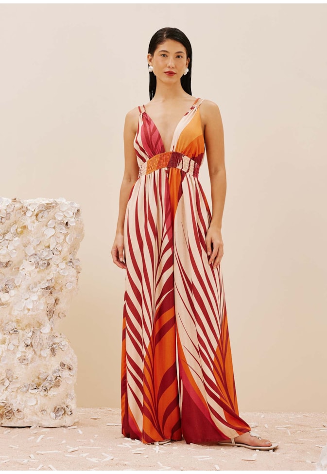 Macacão Decote Profundo Pala Lastéx Estampado Palm