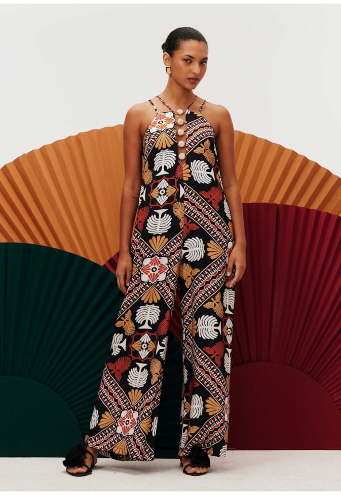 Macacão Decote Vazado Ponteiras Estampado Baião