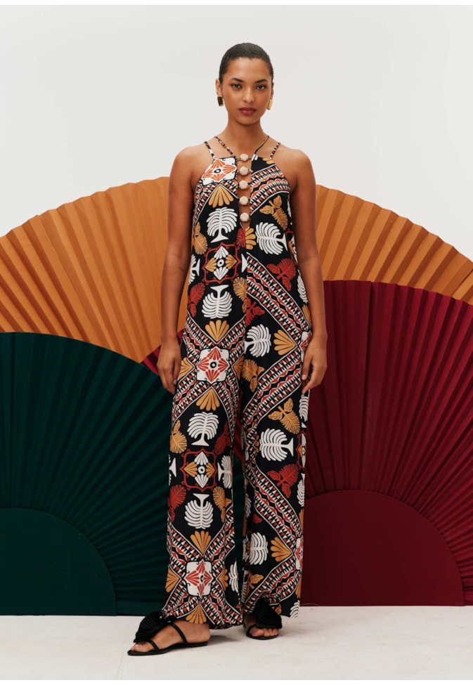 Macacão Decote Vazado Ponteiras Estampado Baião