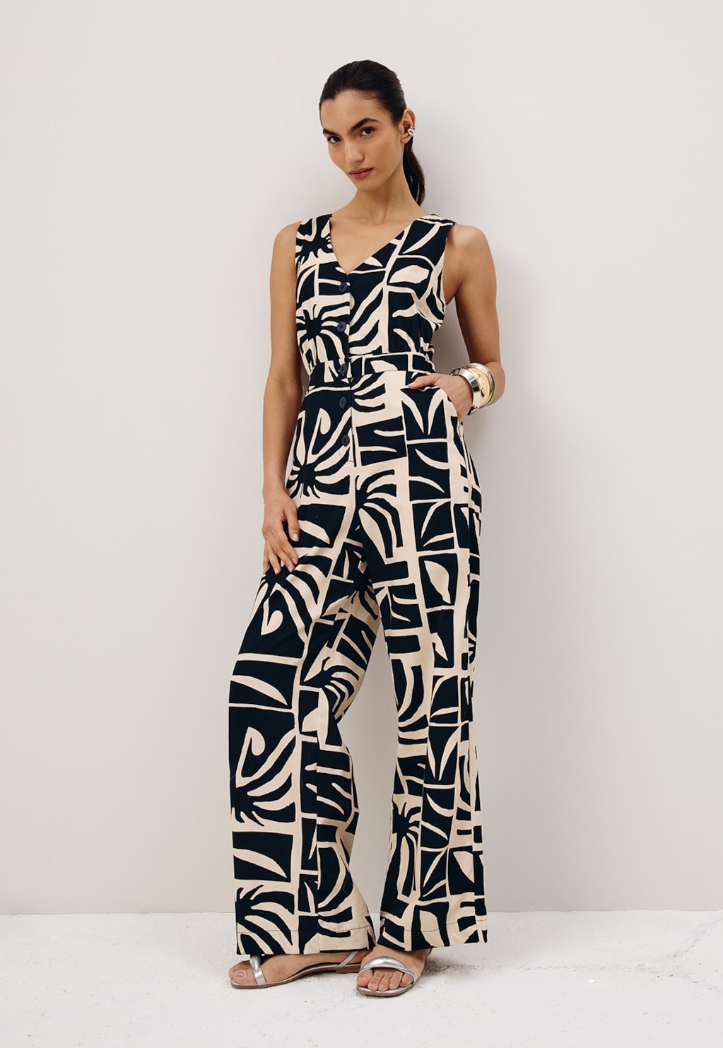 Macacão Longo Botões Estampado Reflexo