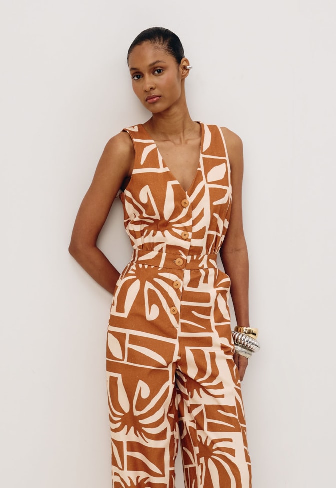 Macacão Longo Botões Estampado Reflexo