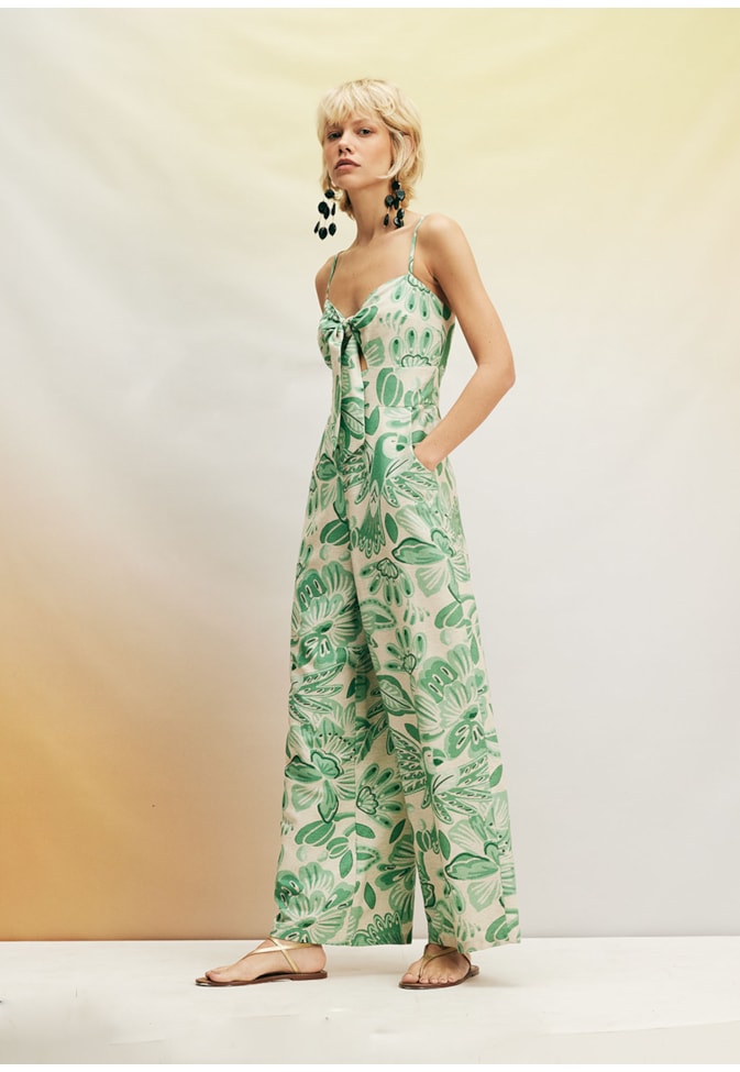 Macacão Pantalona com Amarração Estampado Gardênia