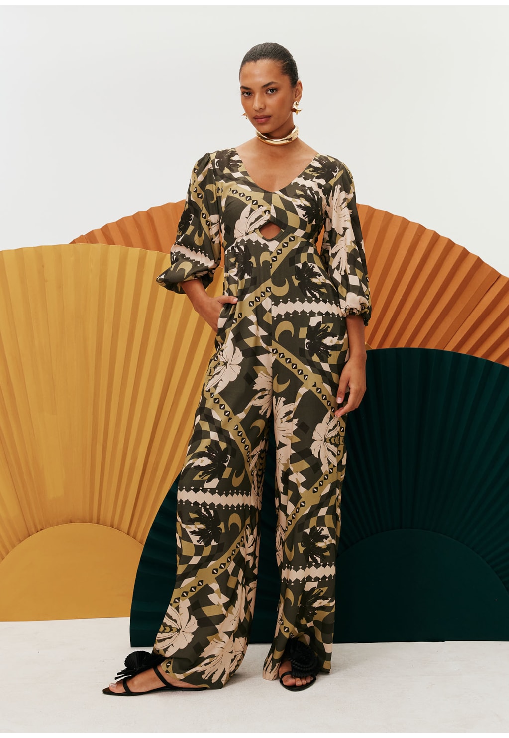 Macacão Pantalona com Manga Estampado Chorinho