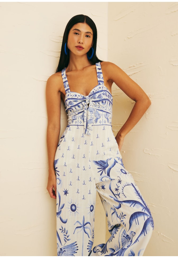 Macacão Pantalona Nó Busto Estampado Noronha