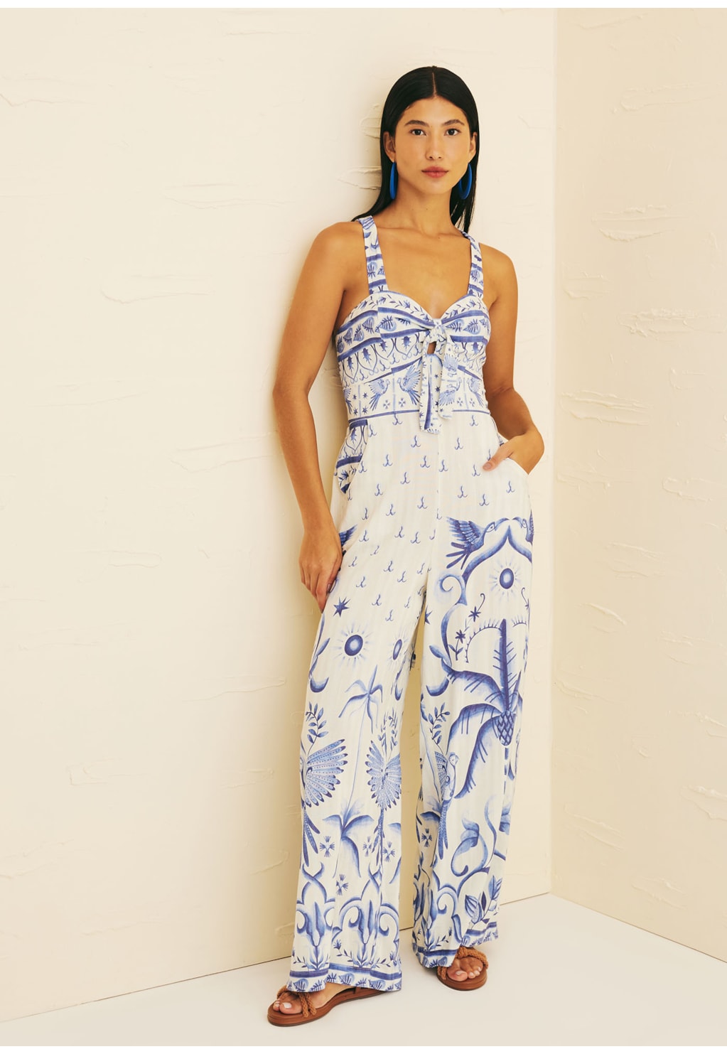 Macacão Pantalona Nó Busto Estampado Noronha