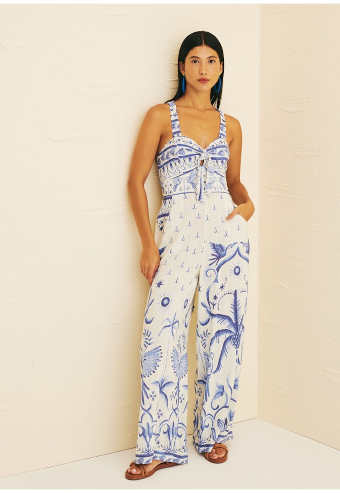 Macacão Pantalona Nó Busto Estampado Noronha